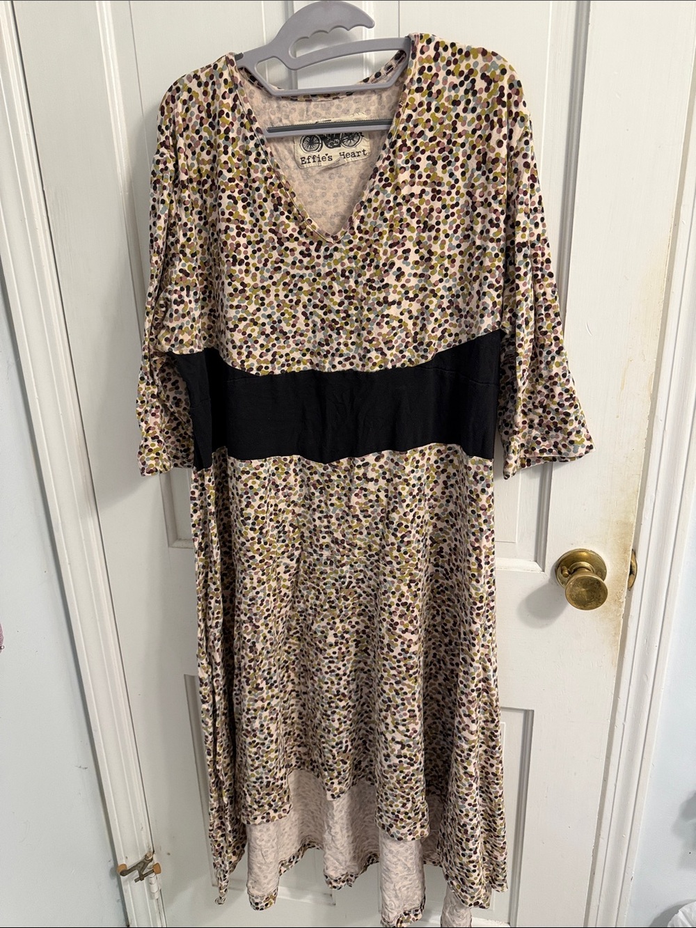 Effie's Heart Beige Multicolor Dot Midi Dress with Black Waistband FITS LIKE 3x